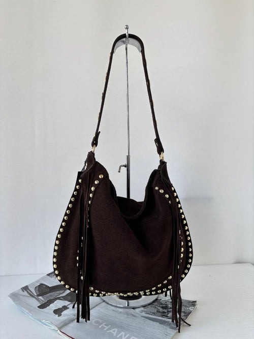 BOHO Fringe - Hobo Camoscio Testa di Moro con Frange e Borchie Oro