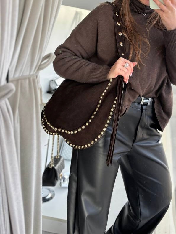 BOHO Fringe - Hobo Camoscio Testa di Moro con Frange e Borchie Oro